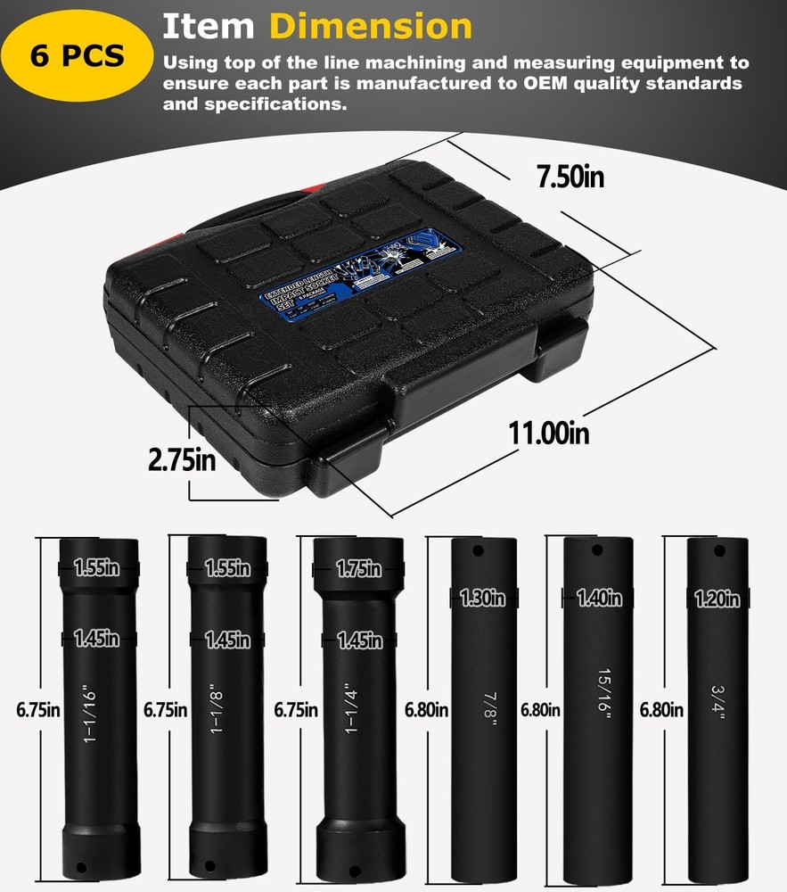 1/2 Inch Drive Extended Length Impact Socket Set - 6 Piece Extra Deep Impact ...
