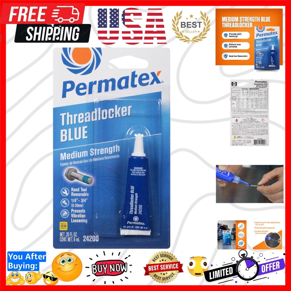 24200 Medium Strength Threadlocker Blue, 6 ml, Automotive Threadlocker For Pr...