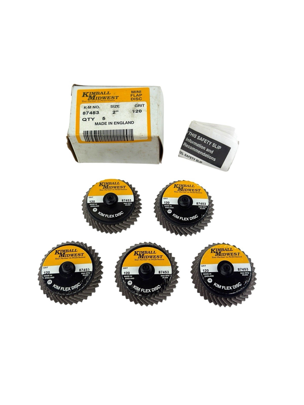 (5) KIMBALL MIDWEST #87453 2” 120-Grit Mini Flap Discs (Made In England)