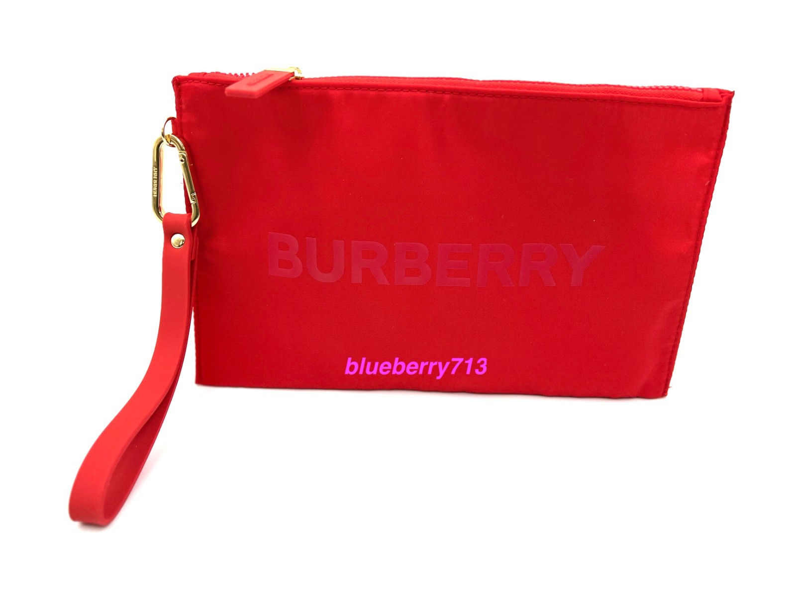 New! Burberry Logo Clutch Cosmetic Pouch Bag with Removable Handle ~ Red