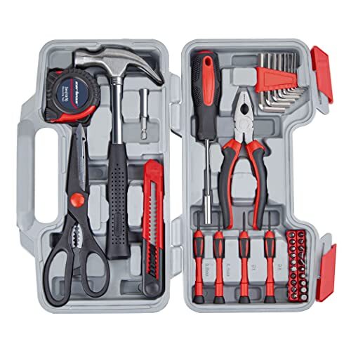 39PCS Tool Set Household Kit with Plastic Toolbox Storage Case Cutting Plier Red