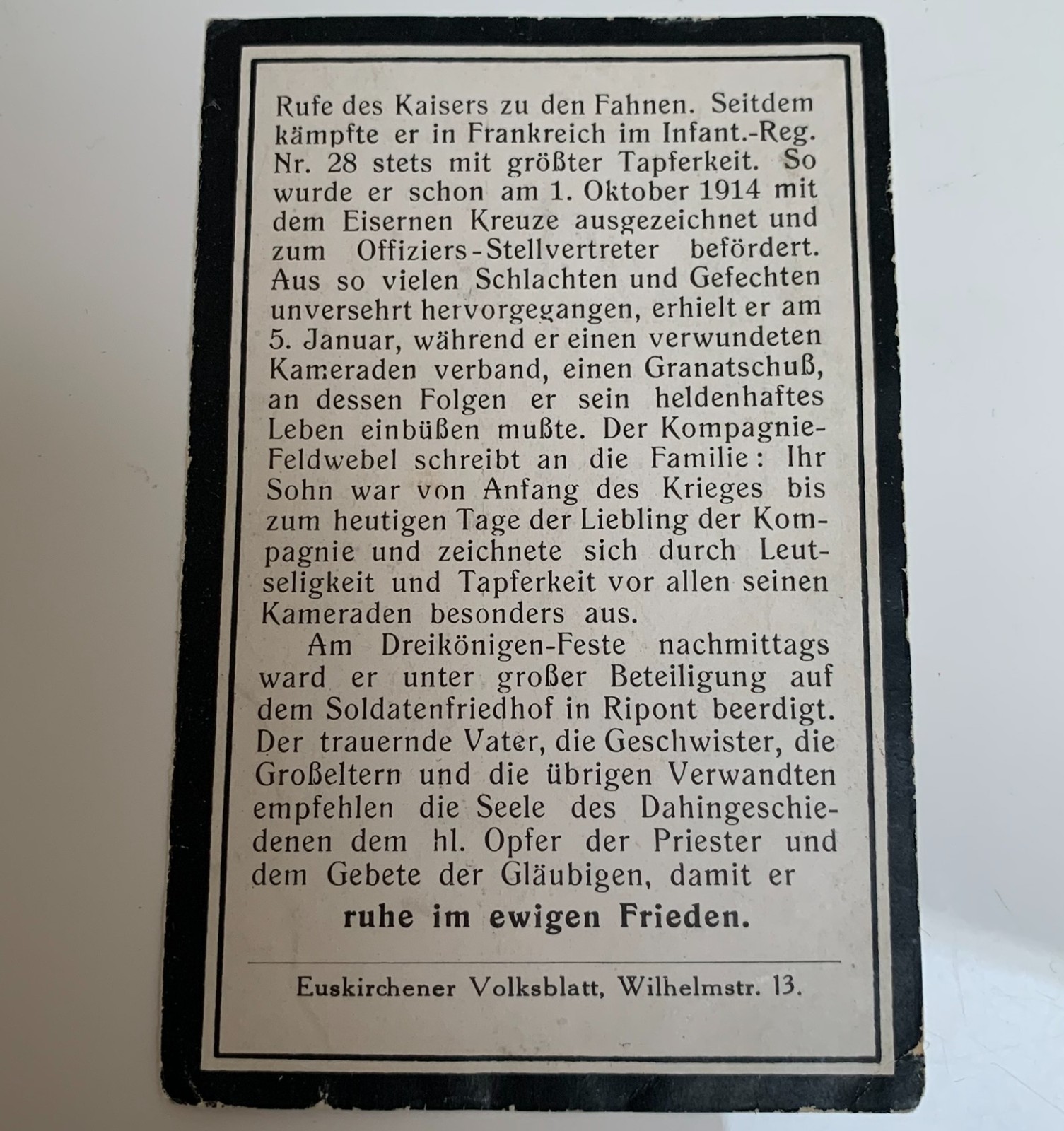 Group 5 KIA WW1 German Army Soldiers Mourning Death Cards Killed in Action