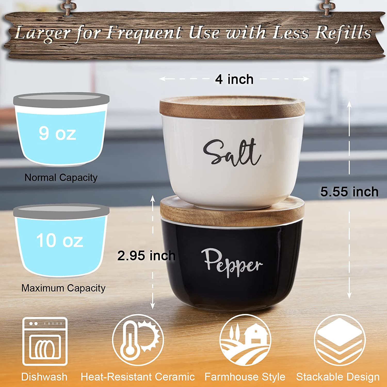 Salt and Pepper Bowls 10 Oz Salt Cellar with Wood Lid New Ceramic Set of 2 Bowls