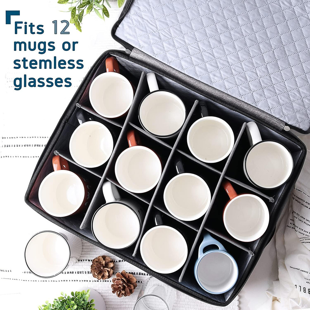 Stackable Quilted Coffee Mug Storage Organizer for 12, Grey Hard Shell