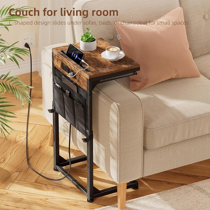 Adjustable C Table W/ Charging Station USB Type-C AC Outlet Storage Pockets