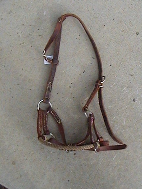 GREAT COWBOY TACK LEATHER AND RAWHIDE NOSE SIDE PULL TRAINING HEADSTALL BRIDLE