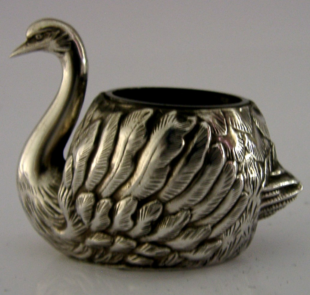UNUSUAL JAPANESE 950 SOLID STERLING SILVER SWAN SALT CELLAR c1920 ANTIQUE