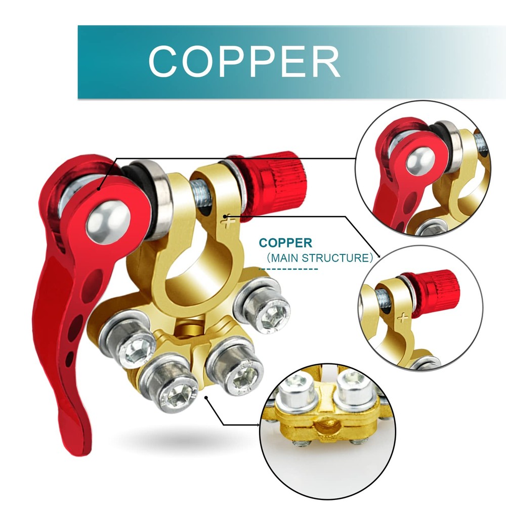2PCS Battery Terminal Connectors, 4 Way Quick Release Disconnect Copper