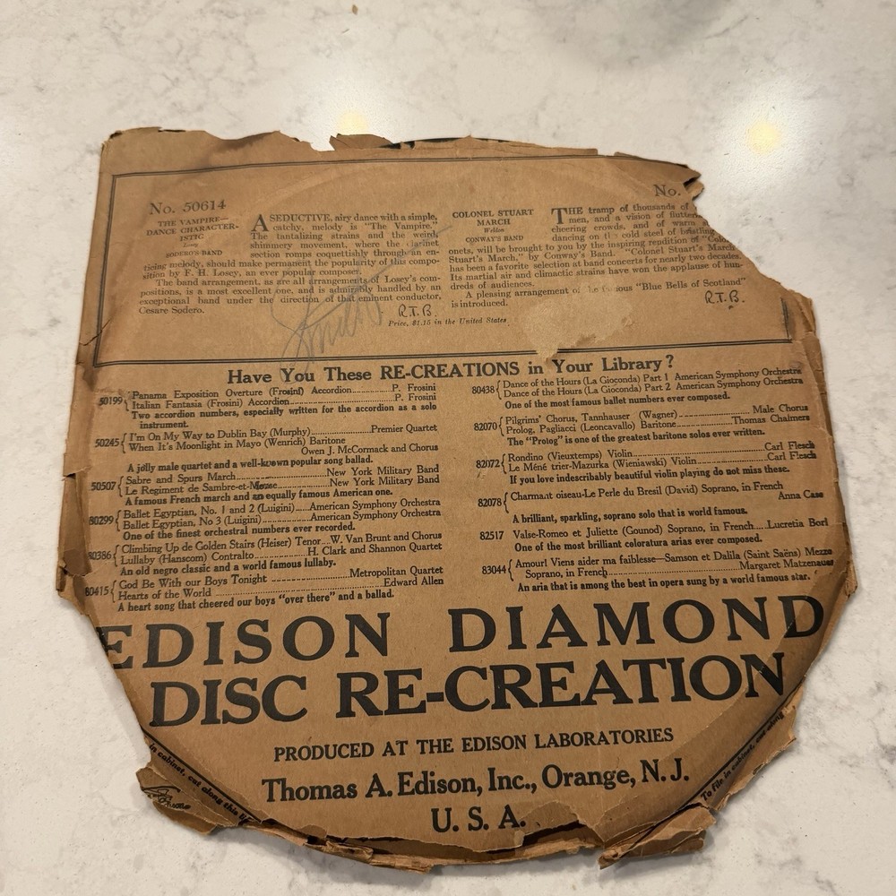 Edison Diamond Disc Re-Creation Early 1900s Record