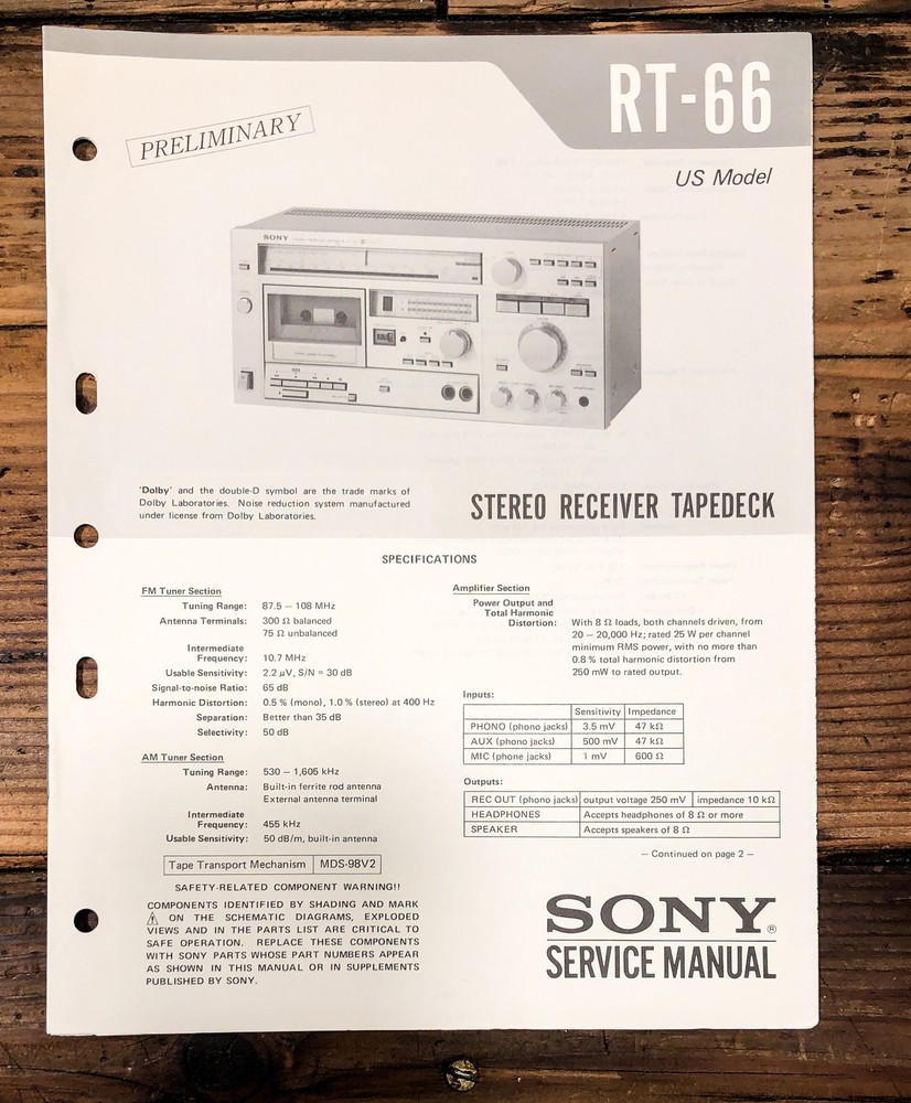 Sony RT-66 Receiver Prelim. Service Manual *Original*