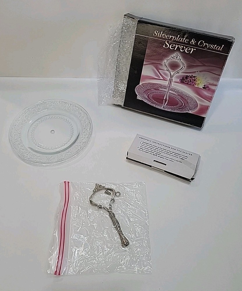 VTG Crystal Glass Appetizer Plate Silver Plated Handle Dessert Server 7" Tray