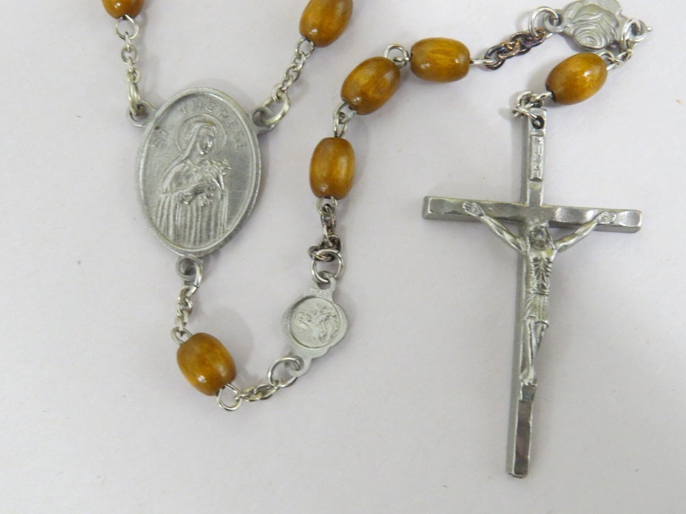 VTG Catholic St. Therese Ex Indumentis Wood Bead Five Decade Rosary