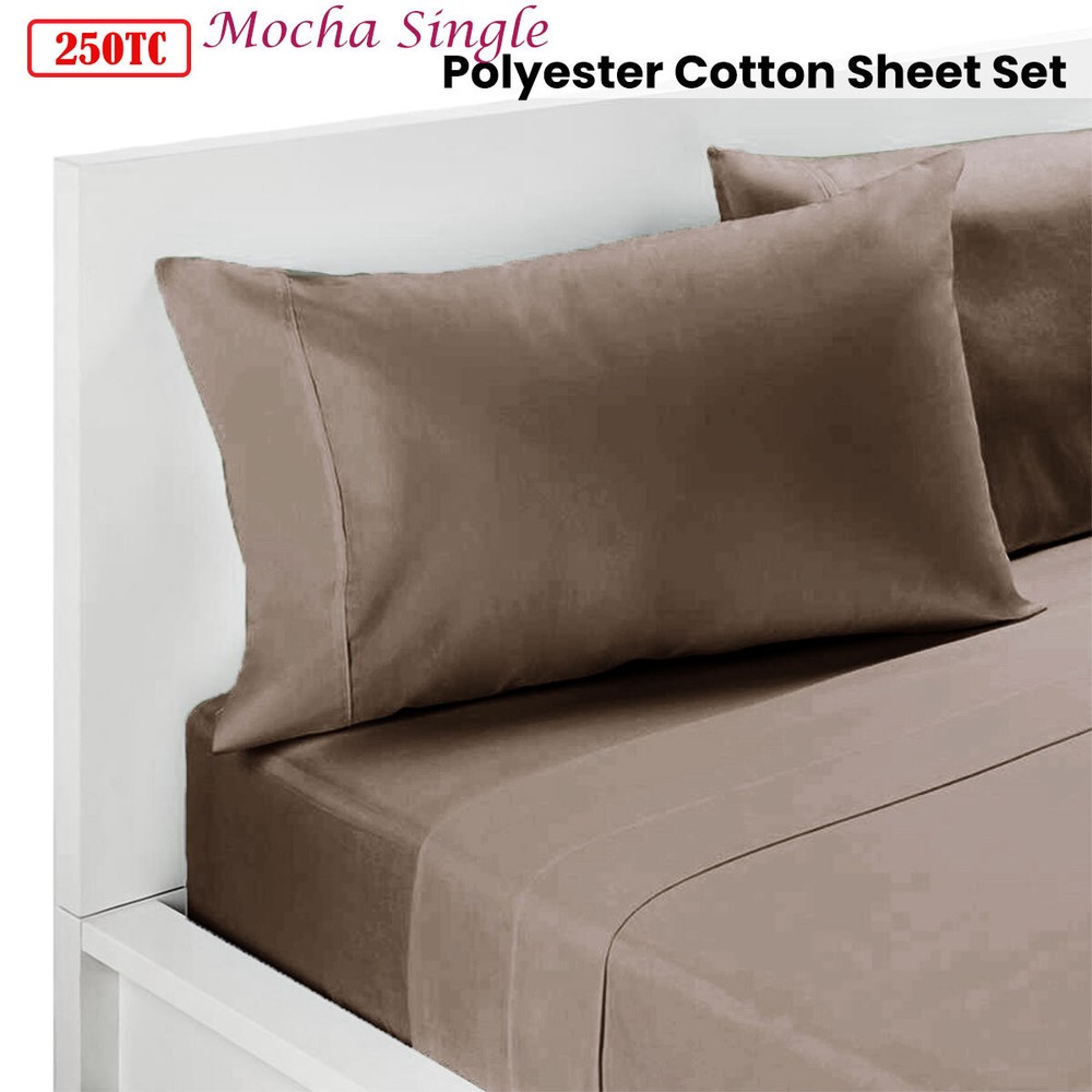 250TC Polyester Cotton Sheet Set Single Mocha