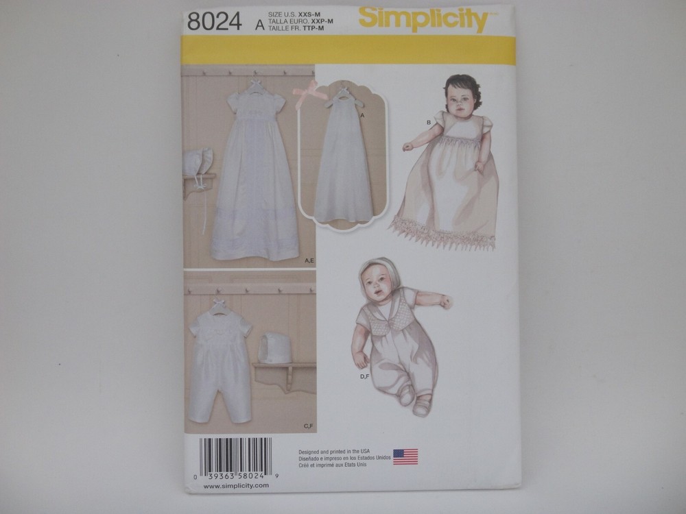Simplicity 8024 Babies Christening Sets With Bonnets Pattern Sz XXSmall-Medium