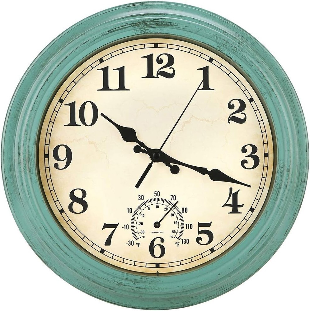 Waterproof Silent Wall Clock with Thermometer – Olive Green