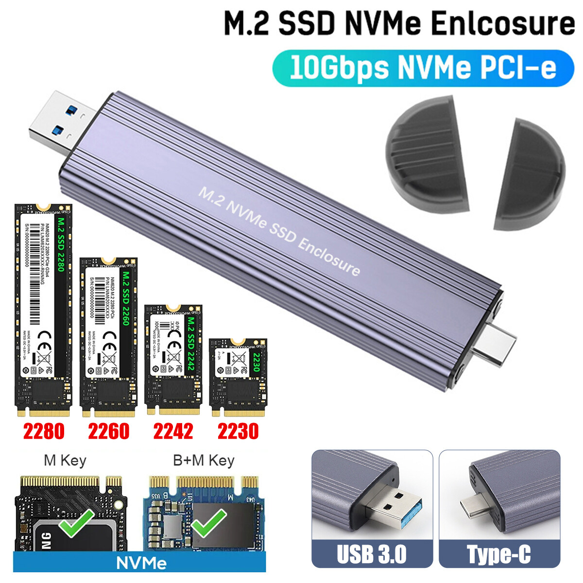 M.2 NVMe SSD To USB 3.1 Type C Drive External Enclosure Case Adapter 10 Gbps