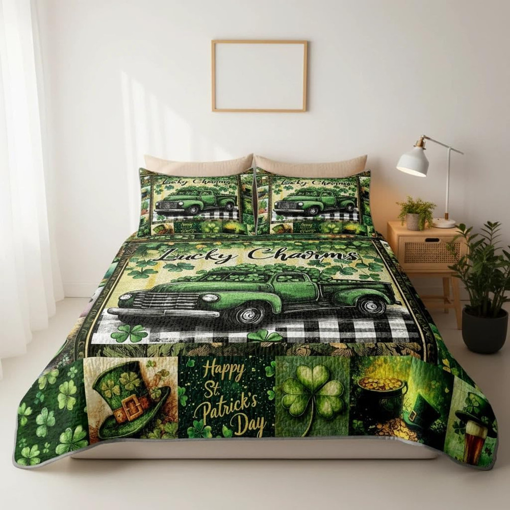 St. Patrick'S Day Patchwork Quilt Set Queen Size Shamrock Bedspread with 2 Pillo