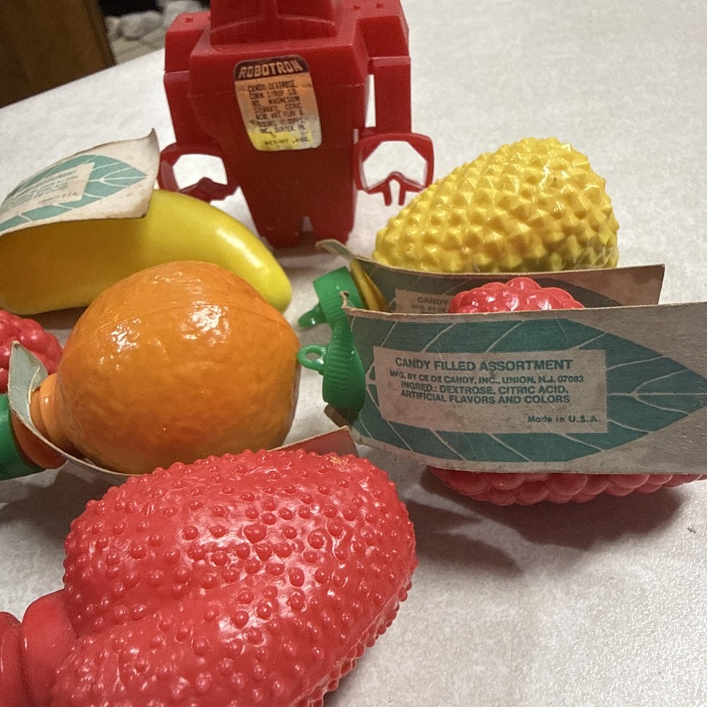 Vintage Candy Containers Fruit Shaped Robot-Candy Containers W/ Leaf Labels New