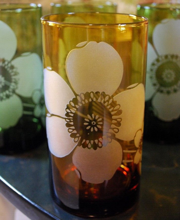 Vtg Set 8 PIER 1 Tumbler Glasses ETCHED FLOWER Hand Blown 6" Multicolor 20 Ounce