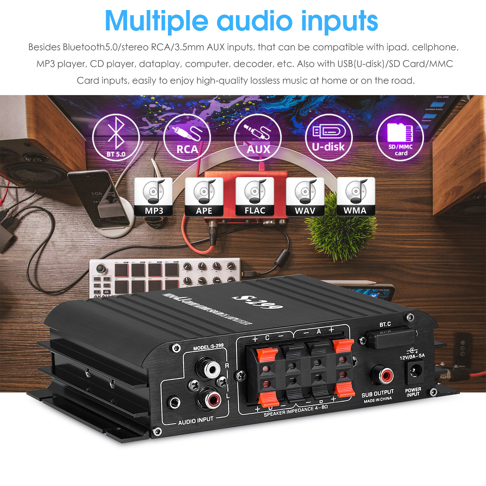 S299 4 Channel Bluetooth Digital Amplifier for Home/Car Speaker Audio Power Amp