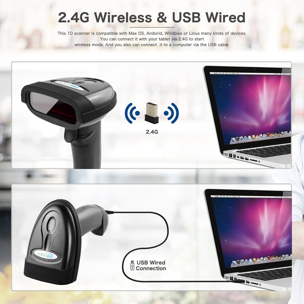 Wireless Barcode Scanner with 2-in-1 USB Wired and 2.4GHz Wireless Connectivity