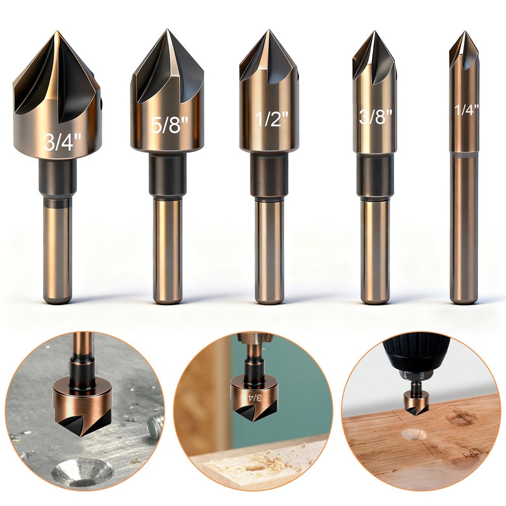 5x HSS Countersink Drill Bits 82° 1/4"-3/4" For Deburring Chamfering Flush Screw