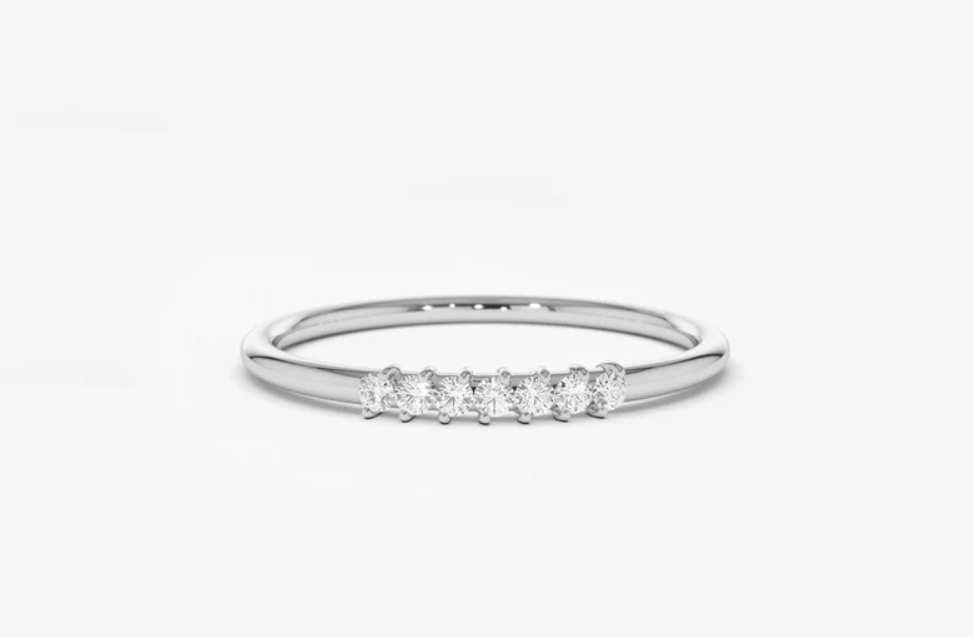 14K Solid Gold 7 Diamond Stacking Ring, Lab Created Diamond Dainty Wedding Band