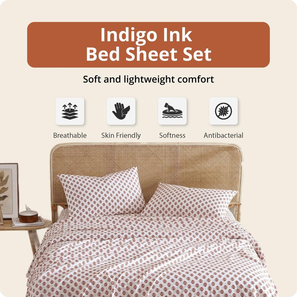 Indigo Ink - King Size Sheet Set, 4-Piece Boho Medallion Patterned Bedding, S...