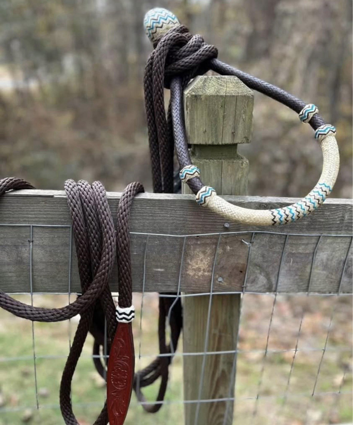 Natural Rawhide Bosal with Brown Nylon Mecate with Hair Tassel Bitless Hackamore