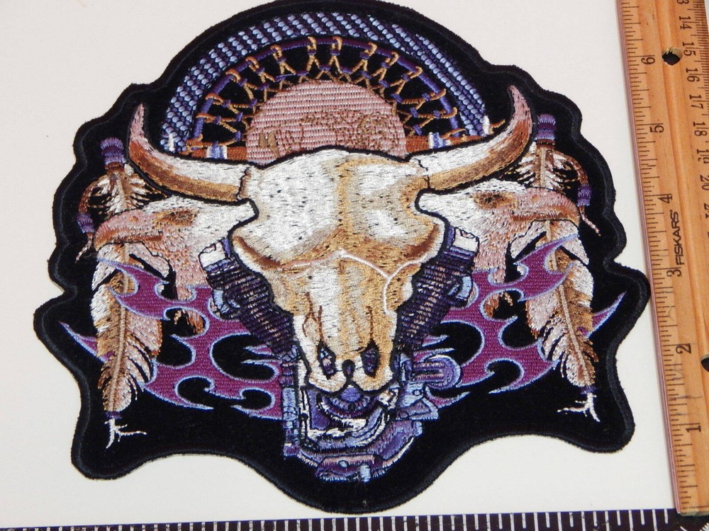 Biker Multi-Color Steer Skull w/ Feathers,Eagle,VTwin Engine Patch Size 7" x 7"