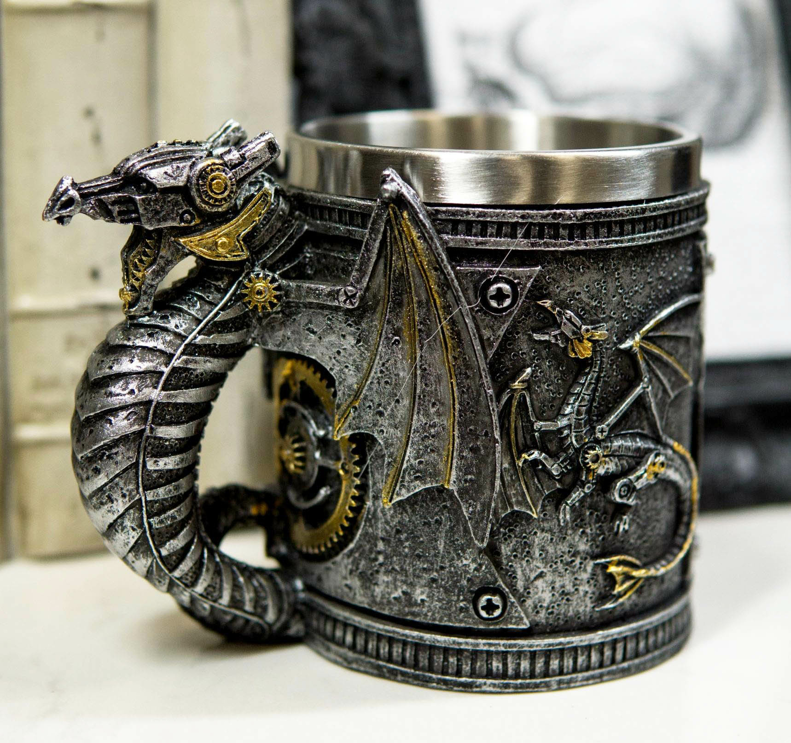 Silver Surfer Steampunk Cyborg Robotic Dragon Beer Stein Tankard Coffee Cup Mug