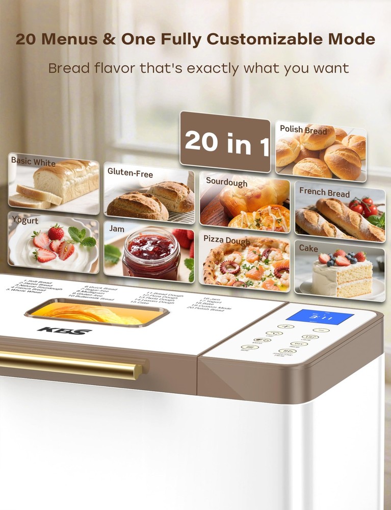 20-IN-1 Bread Maker with Custom Program, 650W Bread Machine with Nonstick Cer...