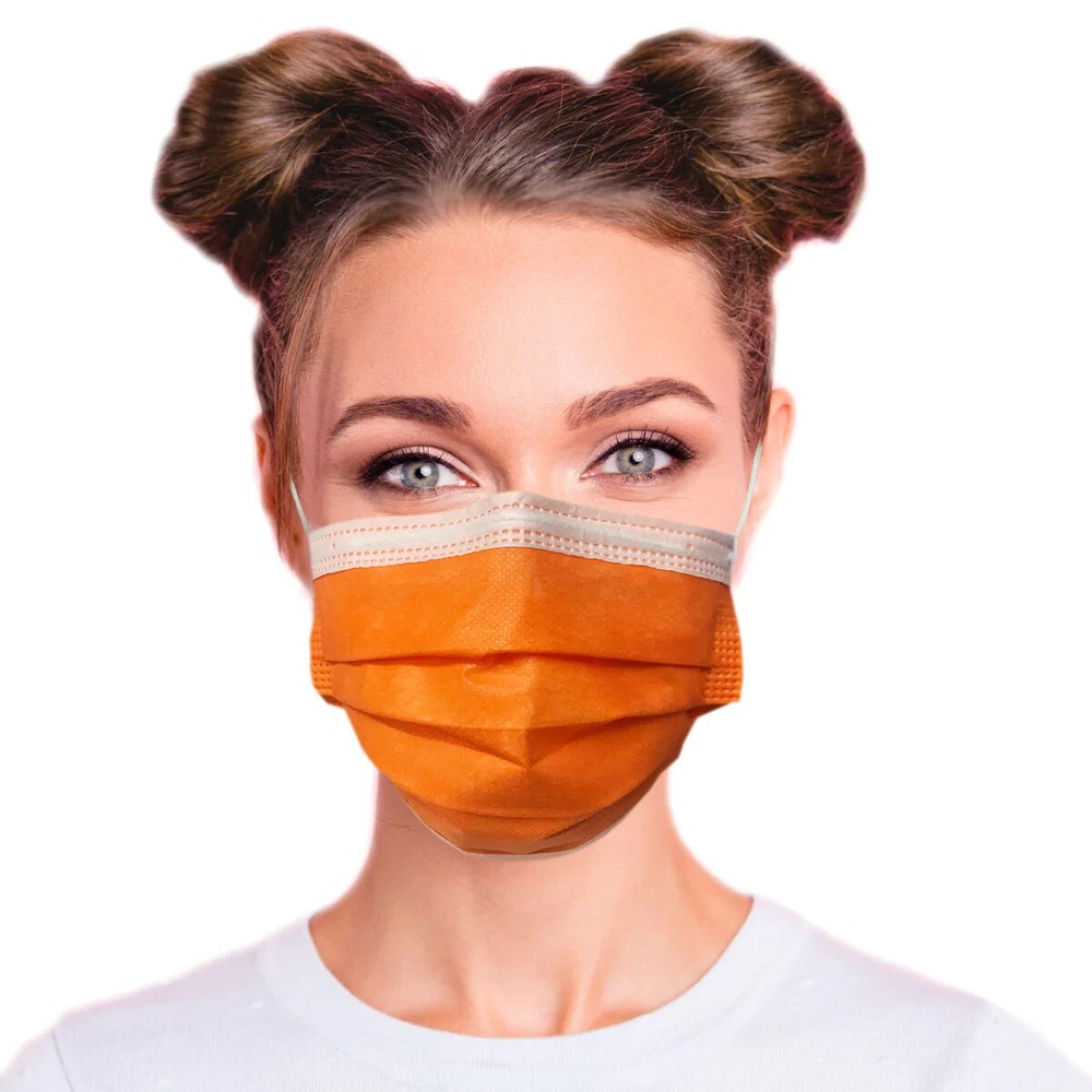 three layer Face Mask Covering, Disposable Protective Mask (Orange) 50 Per Box.
