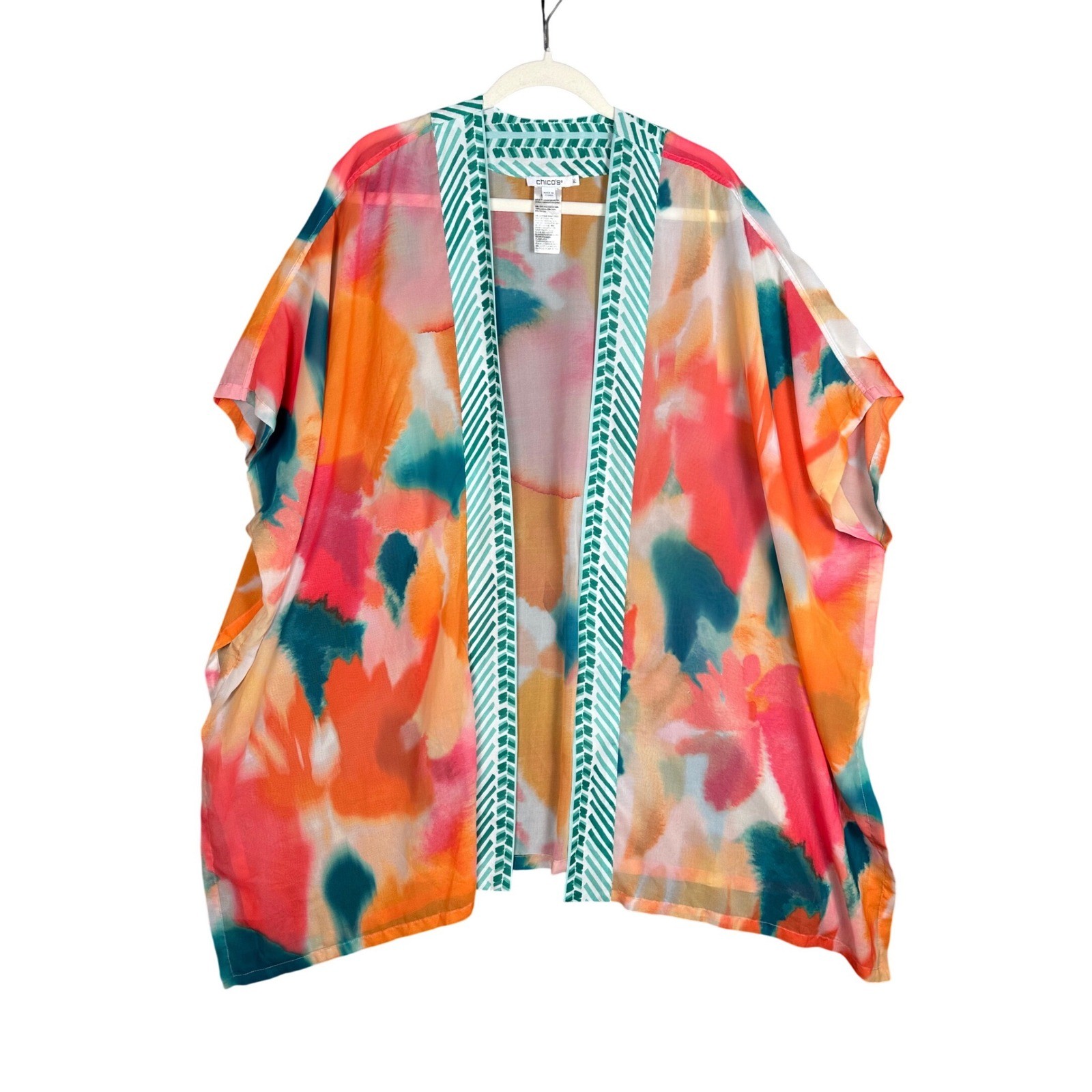 Chico's Kimono Wrap Womens L/XL Orange Pink Watercolor Abstract Boho Coverup