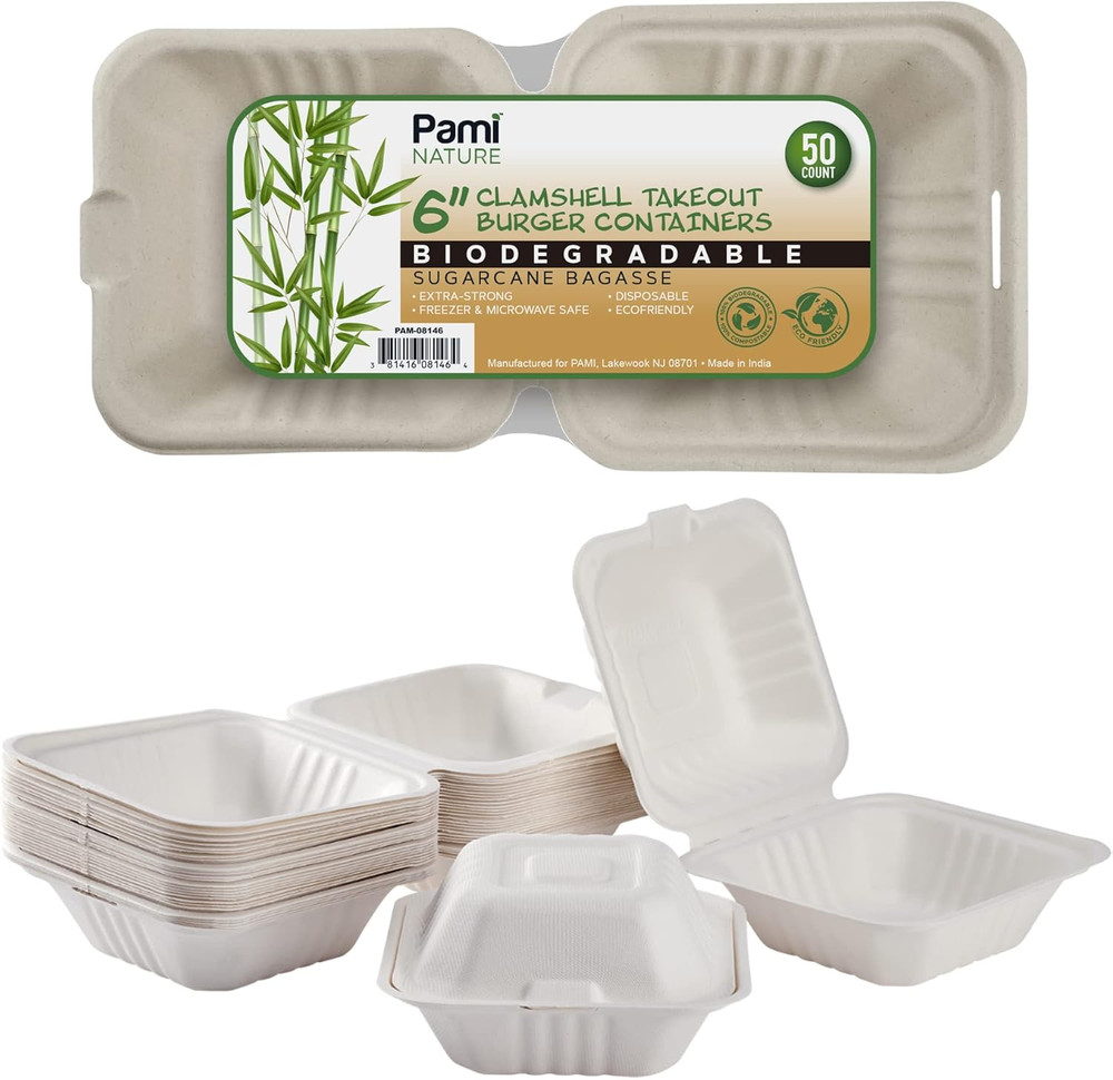 50-Pack 6X6 Biodegradable Bento Box Hamburger Containers, Compostable Small Take