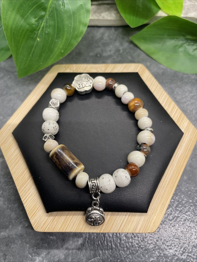 Handmade Ceramic Bead Beaded Stackable 6.5” Plus Stretch Bracelet New B293