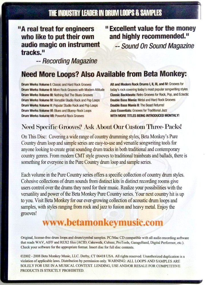 Beta Monkey Pure Country Professional Drums Loops & Samples Disc