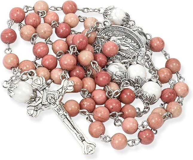 Pink Aventurine White Howlite Mystery Beads Rosary Necklace
