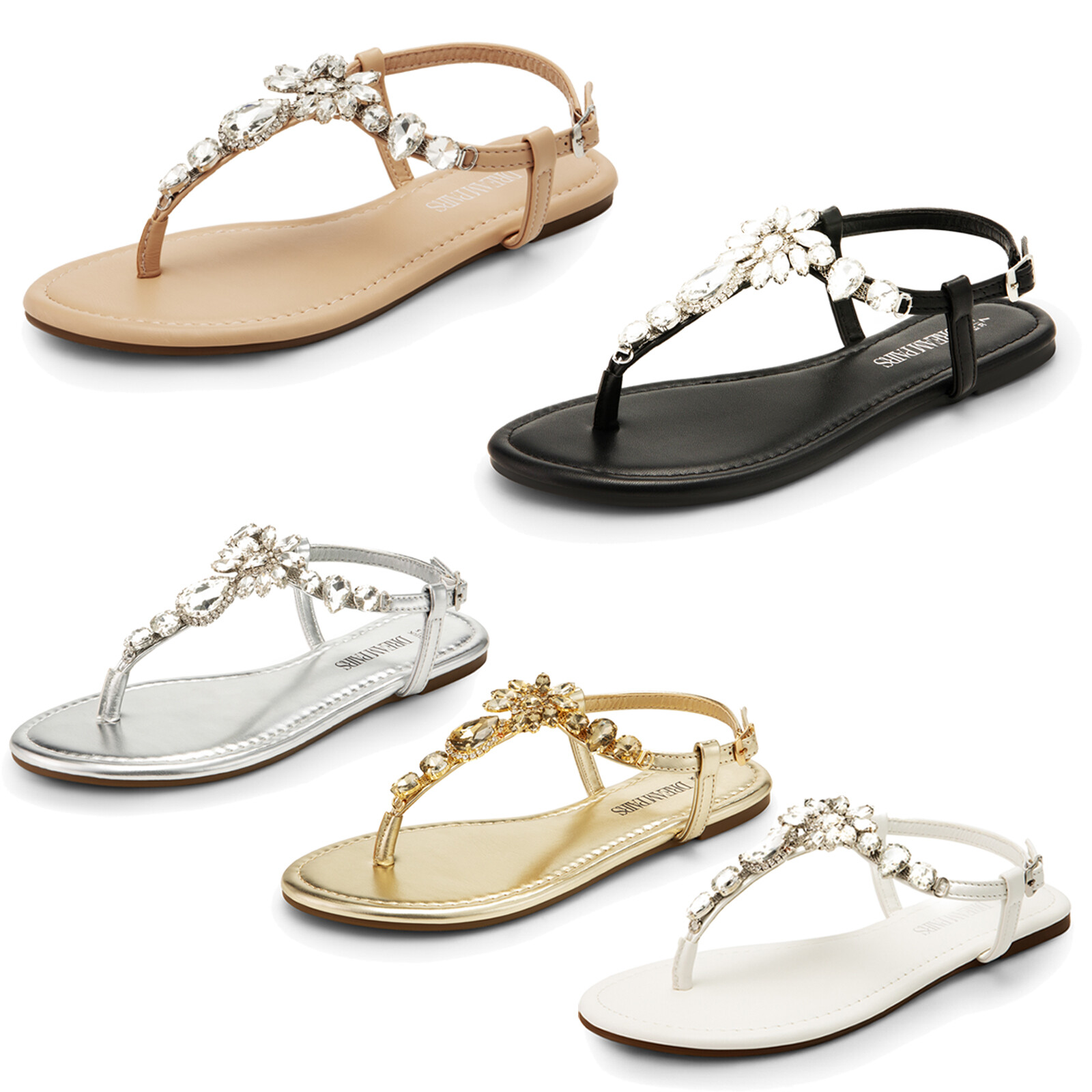 Women Rhinestone T-Strap Thong Flat Sandals Comfortable Slip On Dress Sandals