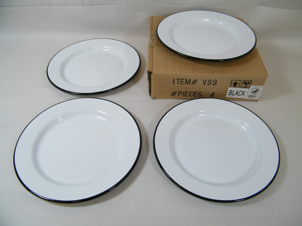 (4) CROW CANYON V99BLA 8" ENAMELWARE PLATE WHITE BLACK EDGE