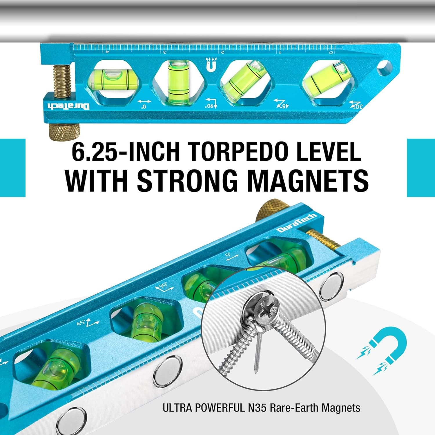 DURATECH 6.25" Magnetic Torpedo Level 0°-90° Bubbles Aluminum Alloy w/SAE Metric