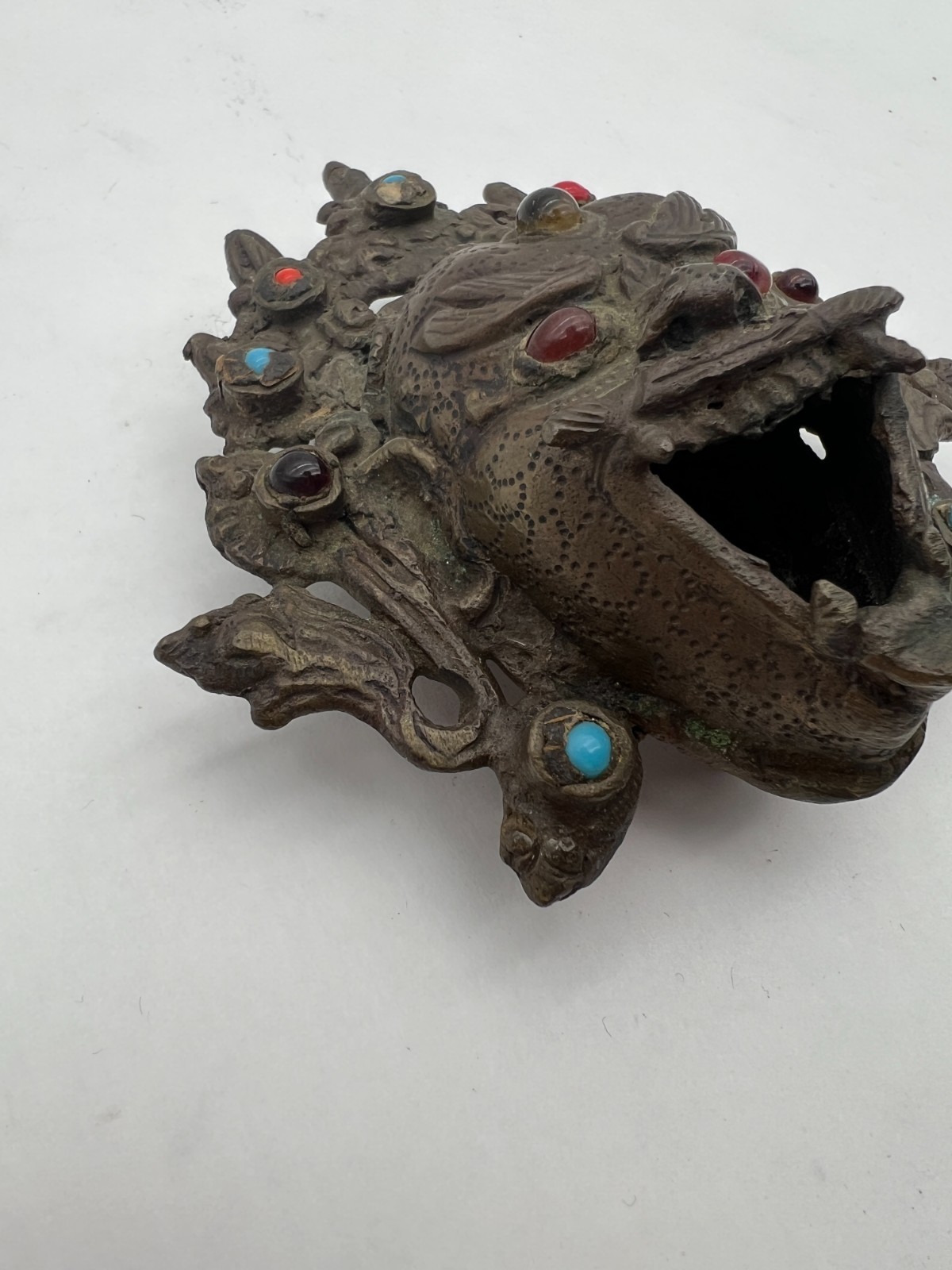 Vintage Tibetan Buddhist Bronze Mahakala Mask w Turquoise Coral Inlay