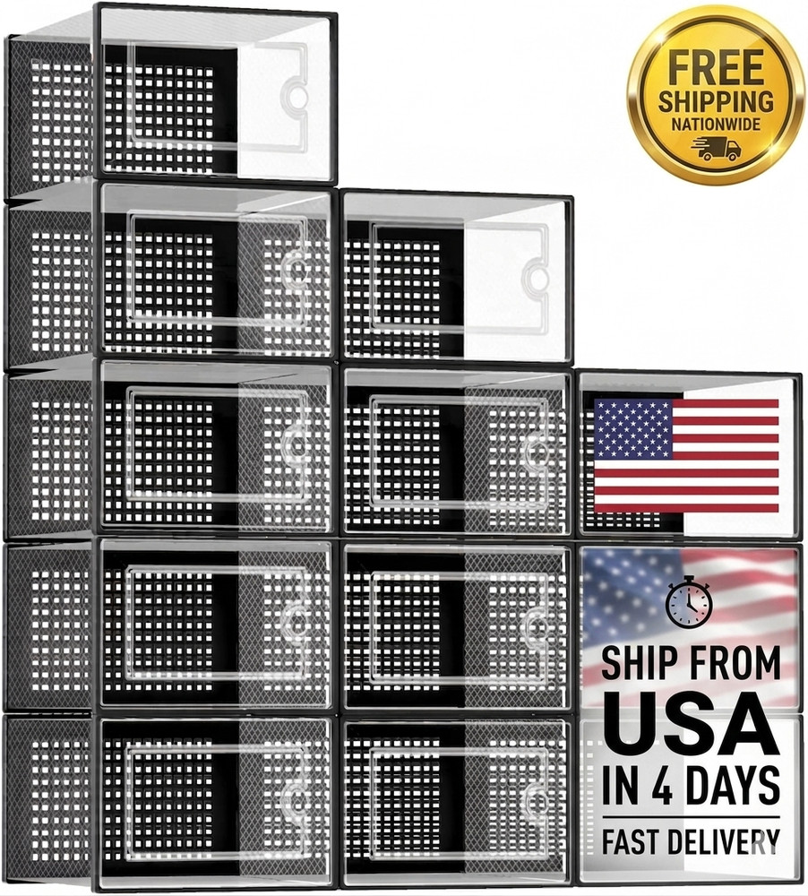 12 Pack X-Large Shoe Storage Boxes - Stackable, Free Fast Shipping