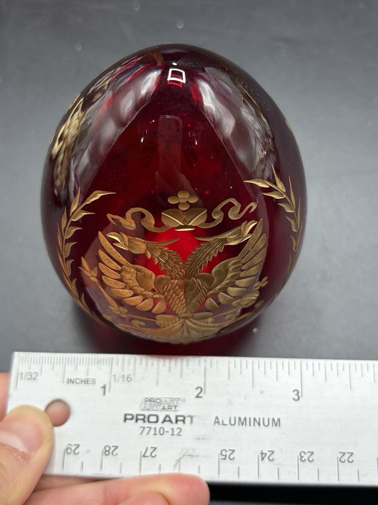 Faberge Egg Etched Ruby Gilt Glass Russian Red & Gold Eagle
