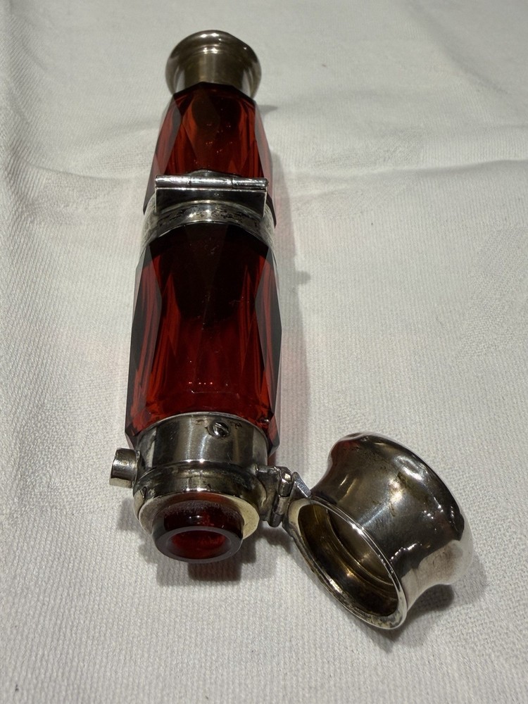 Victorian Ruby Red Glass Folding Double Scent Bottle Silver Mount