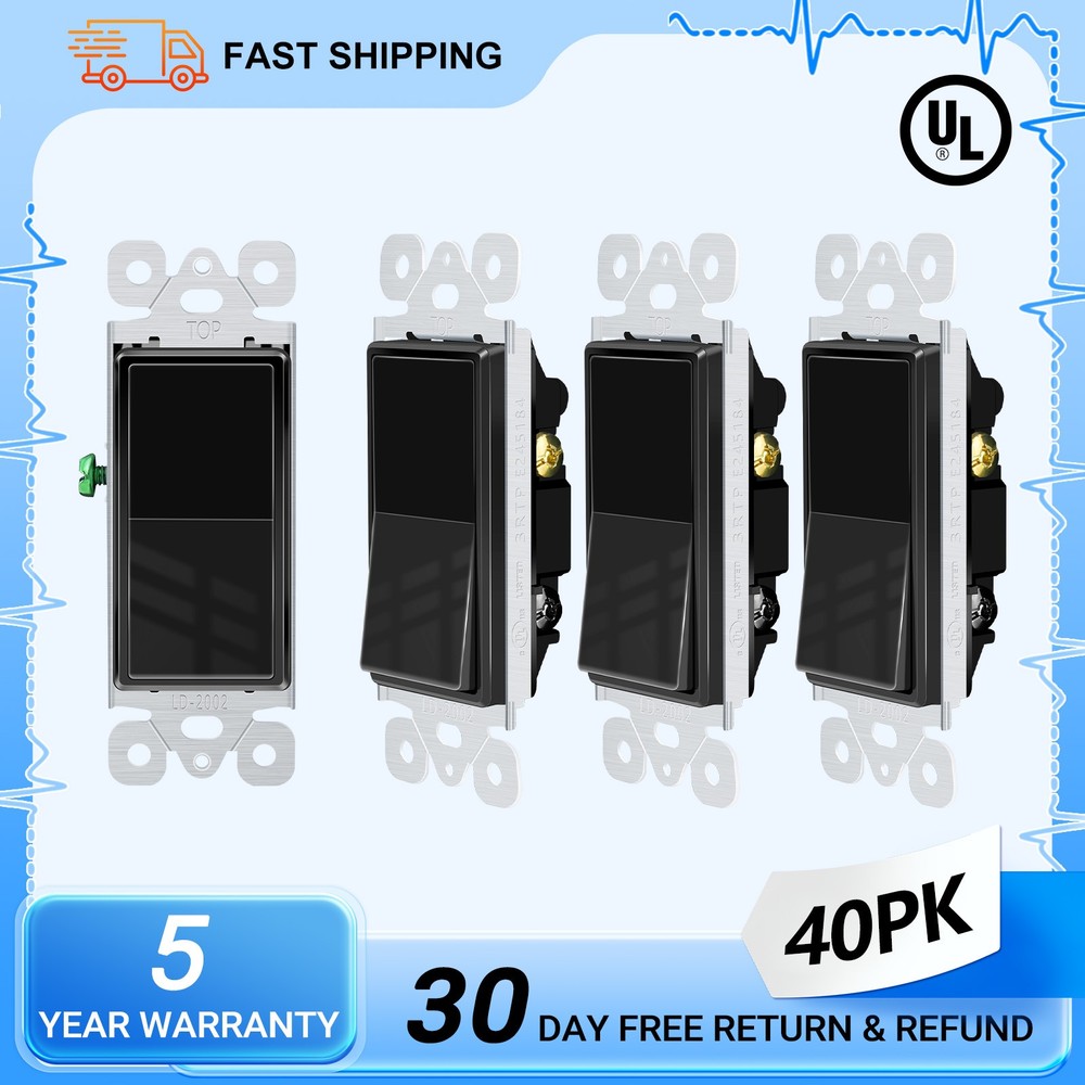 Black Single Pole Rocker Light Switch 15A Multi-Gang Compatible UL Listed 40PCS
