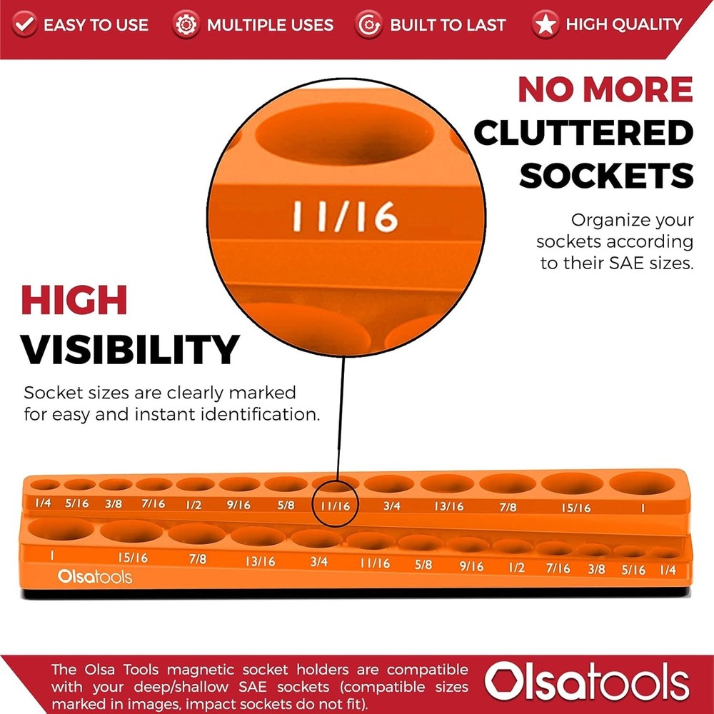 Secure Magnetic Socket Organizer for 3/8-Inch Deep & Shallow Sockets - Orange