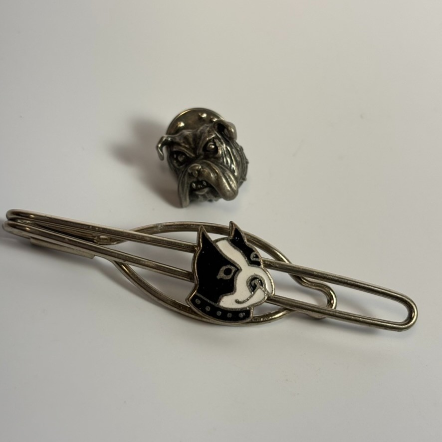 Vintage Tie Bar Clip Enamel Pit Bull with Spiked Collar Bulldog Pin Silver Tone