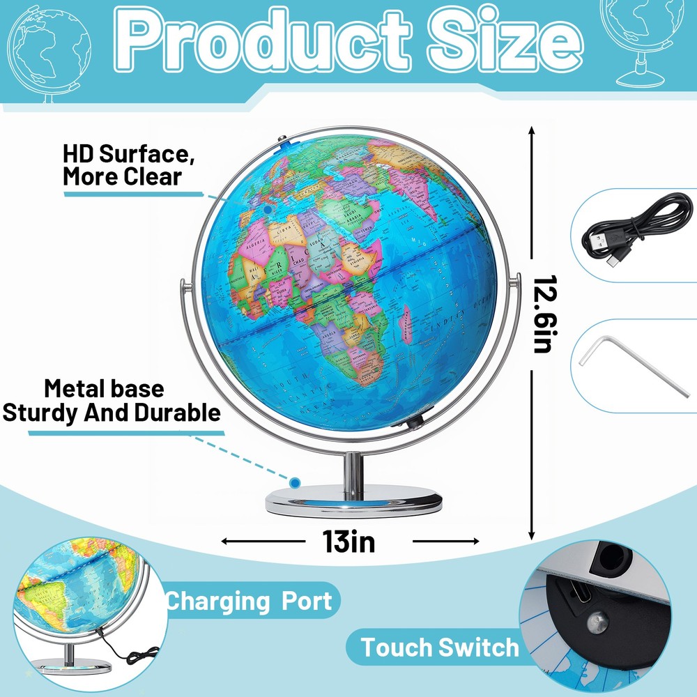 13'' Illuminated Globe Map 720° Rotation W/ Touch Switch 3 LED Lighting Modes