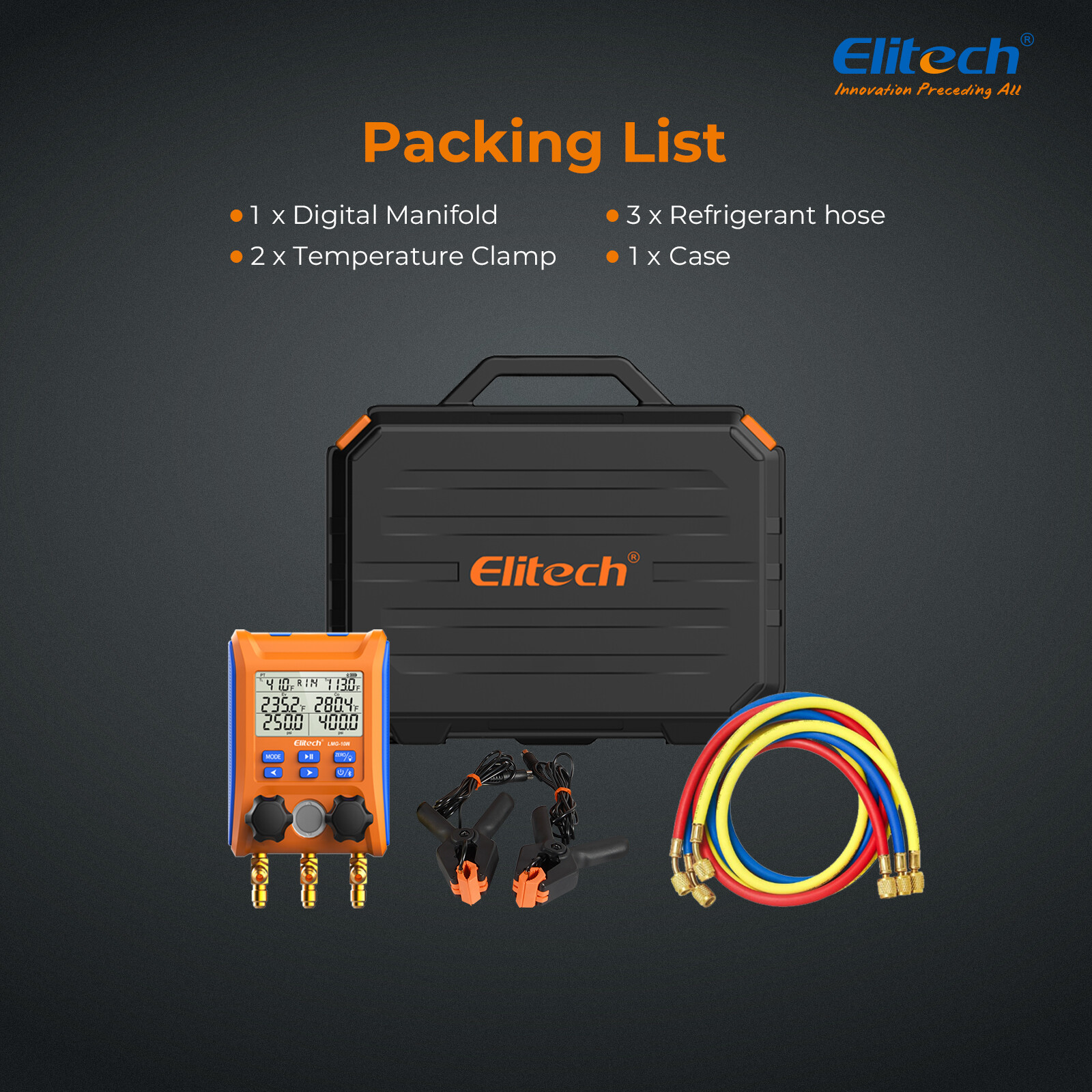 Elitech Digital Manifold Gauge 2-Way Valve AC Gauge LMG-10W App Control w/Hoses